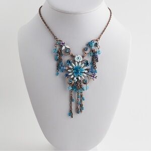 𝅺Copper Floral Pendant Necklace Statement Blue White Crystal Rhinestone Enamel